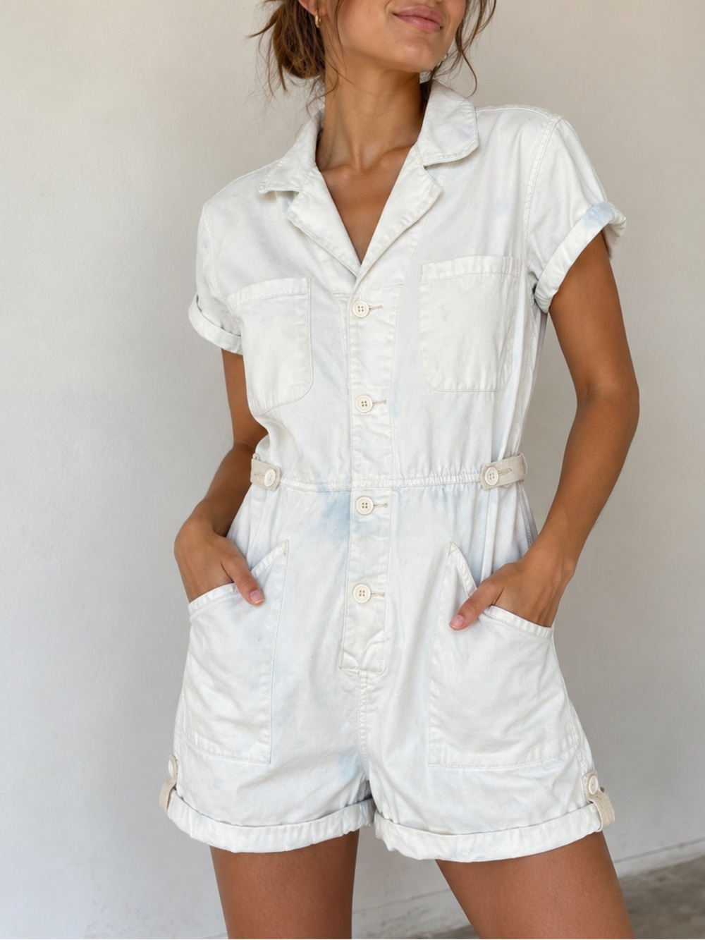 Pistola 100% Cotton Cloudwash Utility Romper in White – Size M